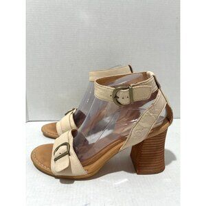 Born Tahlia ankle strap stacked Cube heel sandals in leather beige size 9
